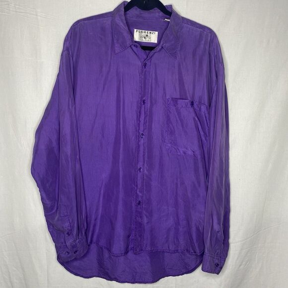 Florenzi Nouveau Silk Shirt Mens L Button Down Long Sleeve Chest Pocket Purple - Picture 2 of 11